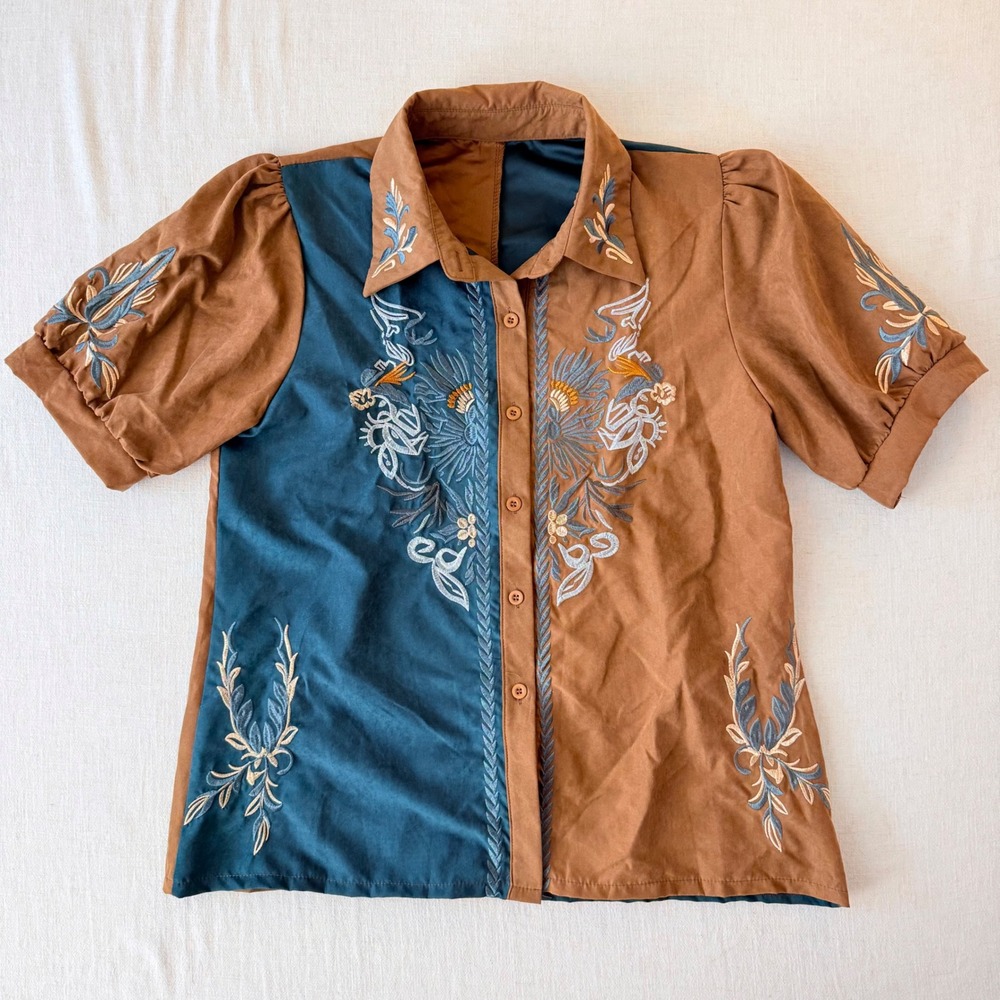 Embroidered Western Blouse Small Brown Teal Puff Sleeve Boho Cowgirl Shirt - Picture 2 of 13